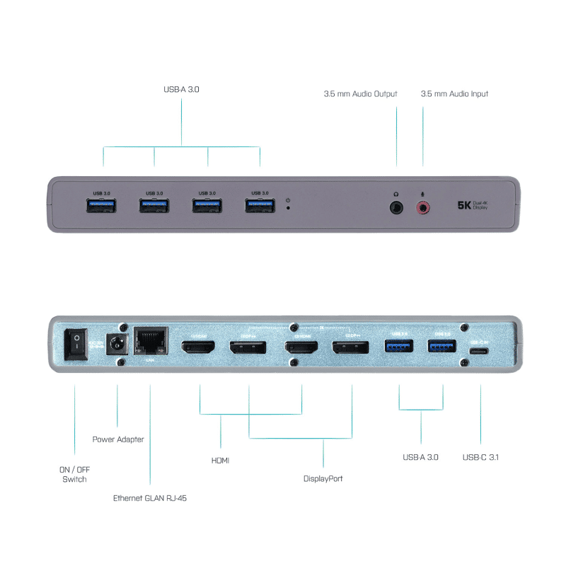תחנת עגינה לתצוגה כפולה בחיבור USB 3.0 / USB-C / Thunderbolt 3 3 תחנת עגינה לתצוגה כפולה בחיבור USB 3.0 / USB-C / Thunderbolt 3